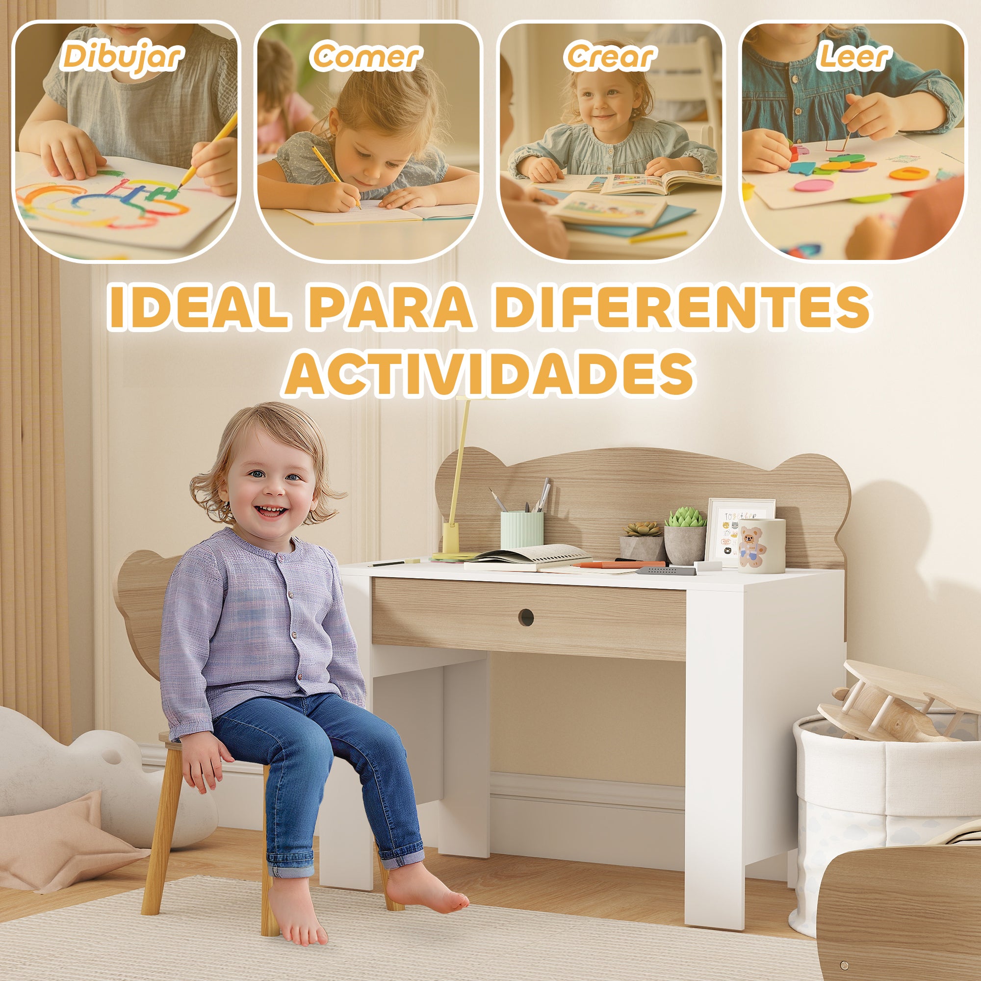 Kids Desk with Bear-Shaped Chair Children's Desk with Drawer for Studying Reading and Drawing Kids Table for Bedroom Study Room Natural