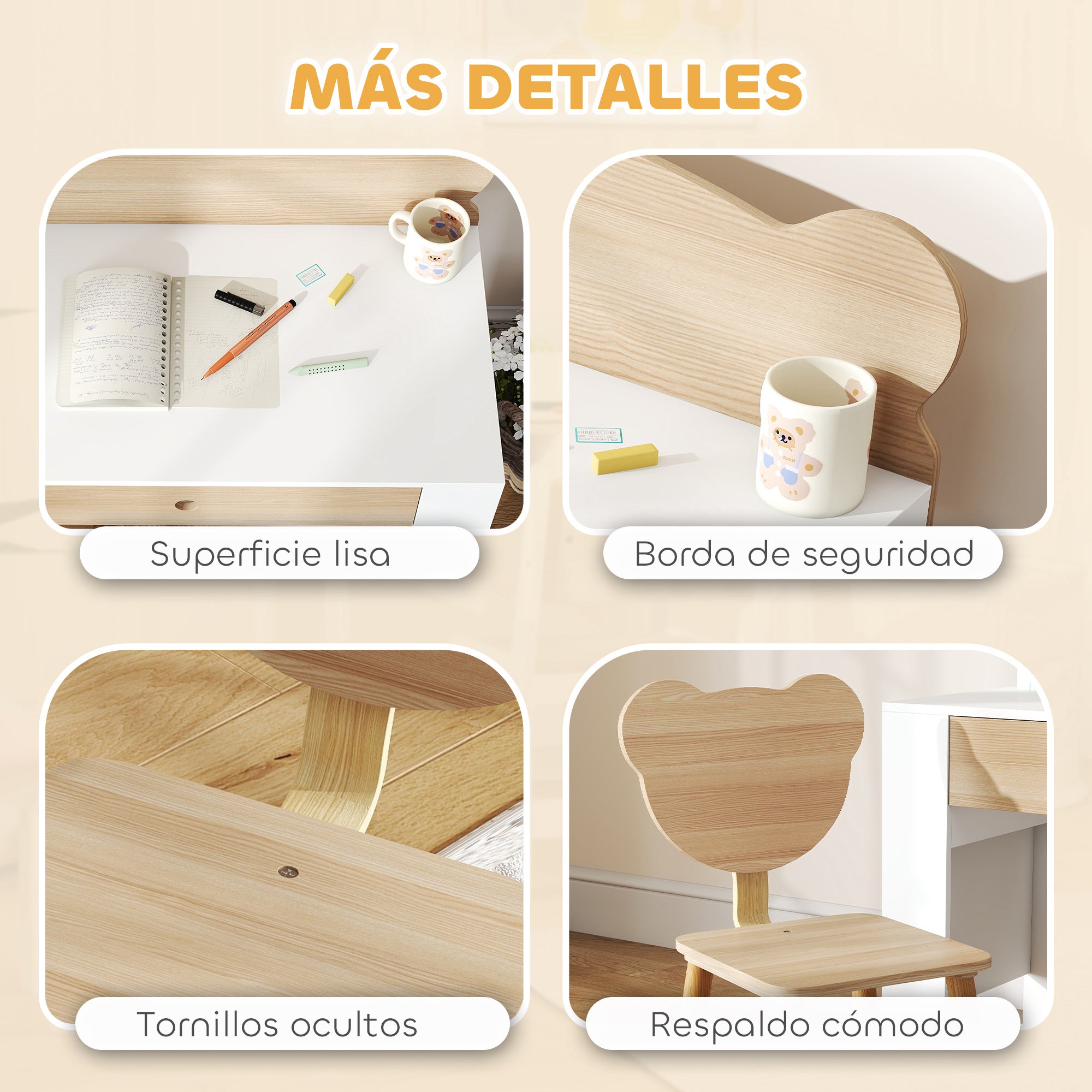 Kids Desk with Bear-Shaped Chair Children's Desk with Drawer for Studying Reading and Drawing Kids Table for Bedroom Study Room Natural