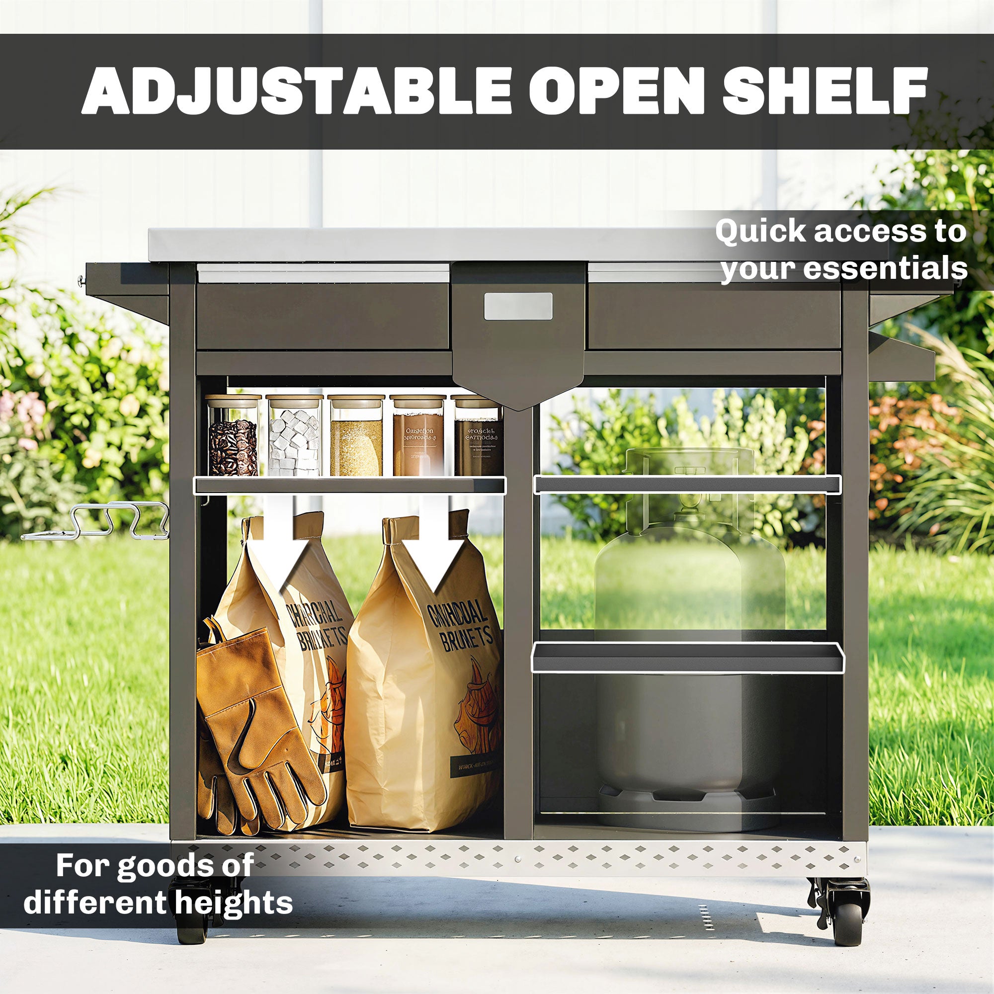 5-Tier Grill Cart with Stainless-Steel Worktop, Adjustable Shelves, Drawer, Wheels, Spice Rack, Towel Holder & Hooks — Mobile BBQ Serving Trolley (117 x 54 x 85.5 cm / 46.1 x 21.3 x 33.7 in)