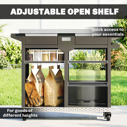 5-Tier Grill Cart with Stainless-Steel Worktop, Adjustable Shelves, Drawer, Wheels, Spice Rack, Towel Holder & Hooks — Mobile BBQ Serving Trolley (117 x 54 x 85.5 cm / 46.1 x 21.3 x 33.7 in)