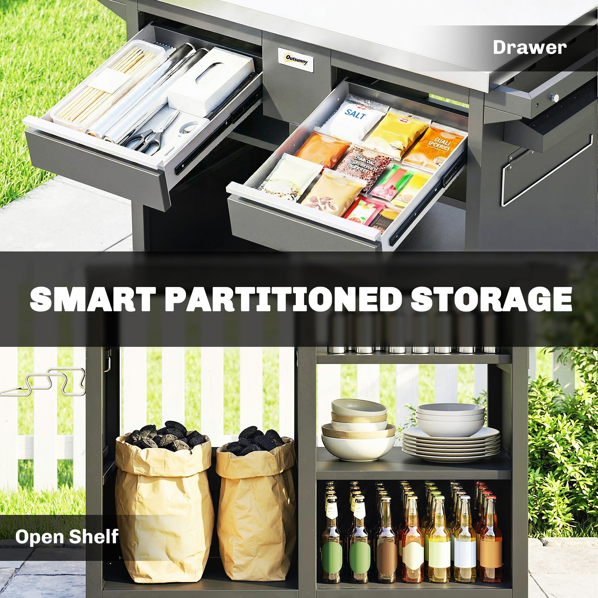 5-Tier Grill Cart with Stainless-Steel Worktop, Adjustable Shelves, Drawer, Wheels, Spice Rack, Towel Holder & Hooks — Mobile BBQ Serving Trolley (117 x 54 x 85.5 cm / 46.1 x 21.3 x 33.7 in)