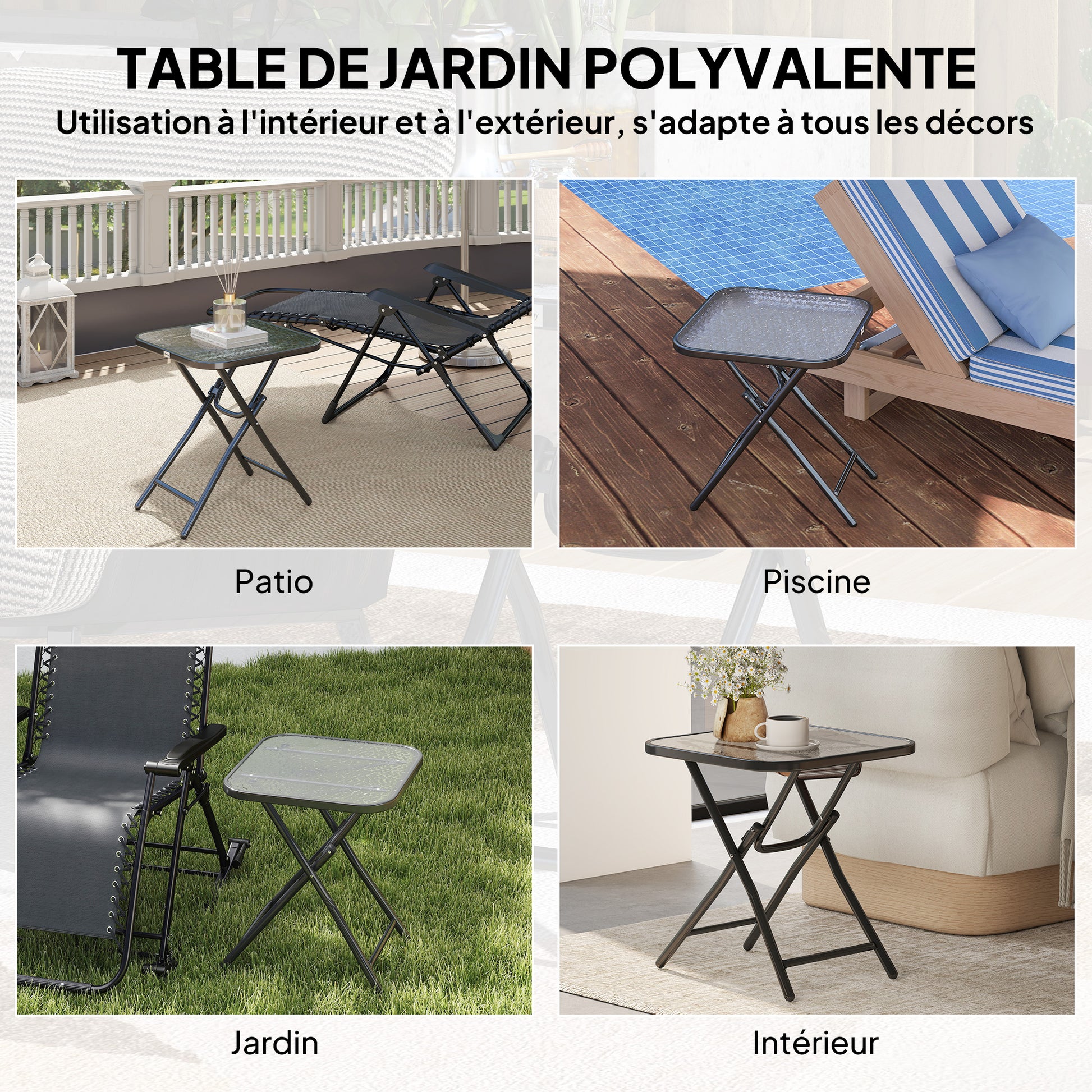 Square Bistro Garden Coffee Table 45 x 45 x 50 cm Black Metal Folding Tempered Glass Top