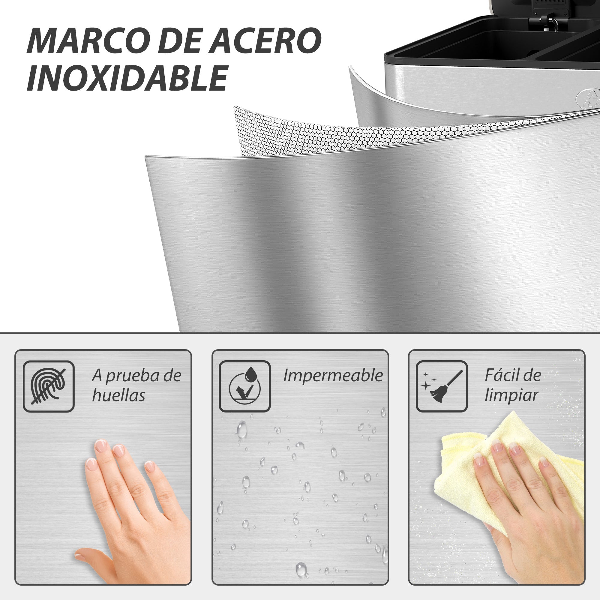 Kitchen Trash Can with 3 Compartments 3x10L Stainless Steel Kitchen Garbage Bin with Soft-Close Lids and Removable Bin for Recycling Waste Food Residue Silver