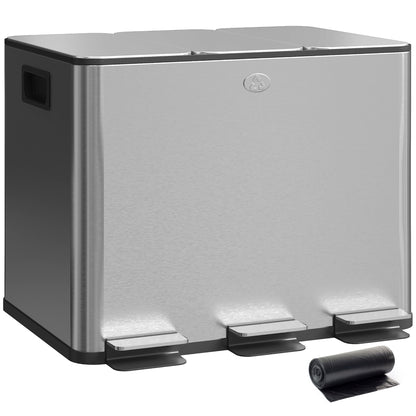 Kitchen Trash Can with 3 Compartments 3x10L Stainless Steel Kitchen Garbage Bin with Soft-Close Lids and Removable Bin for Recycling Waste Food Residue Silver