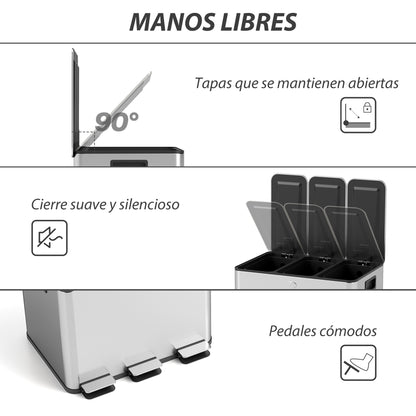 Kitchen Trash Can with 3 Compartments 3x10L Stainless Steel Kitchen Garbage Bin with Soft-Close Lids and Removable Bin for Recycling Waste Food Residue Silver