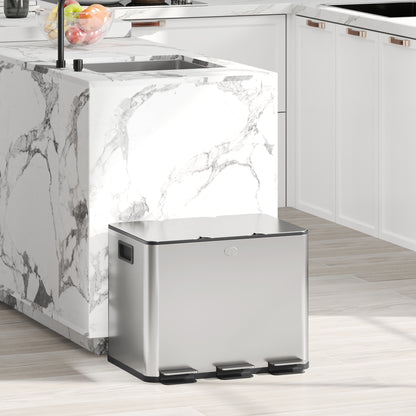 Kitchen Trash Can with 3 Compartments 3x10L Stainless Steel Kitchen Garbage Bin with Soft-Close Lids and Removable Bin for Recycling Waste Food Residue Silver