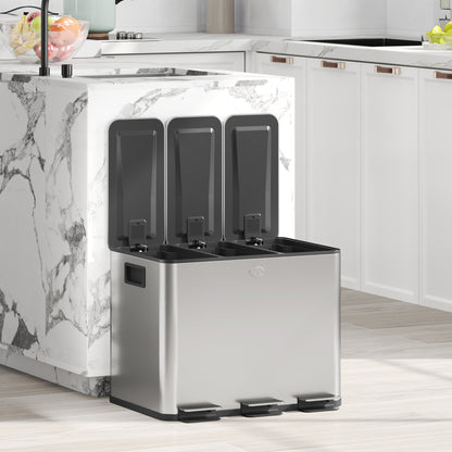 Kitchen Trash Can with 3 Compartments 3x10L Stainless Steel Kitchen Garbage Bin with Soft-Close Lids and Removable Bin for Recycling Waste Food Residue Silver