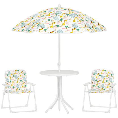 Kids Seating Group with Adjustable Umbrella Kids Table with 2 Folding Chairs Outdoor Garden Furniture for Garden Beach, White
