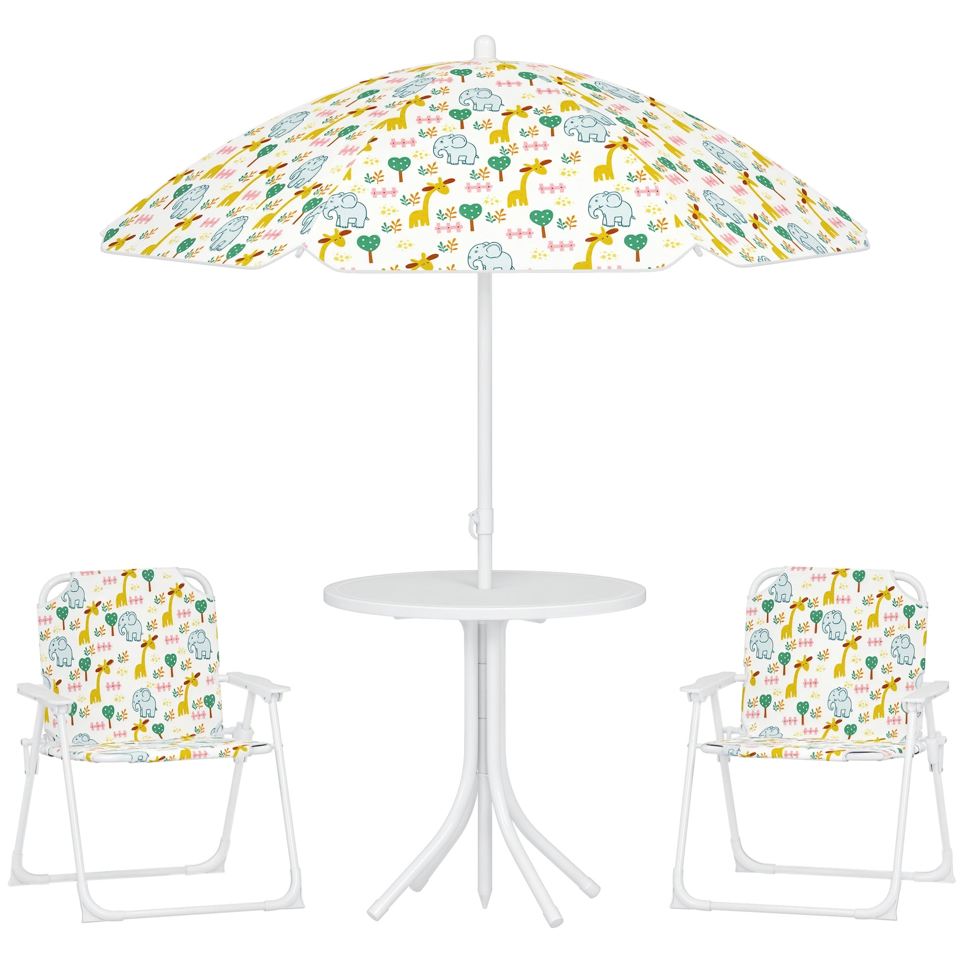 Kids Seating Group with Adjustable Umbrella Kids Table with 2 Folding Chairs Outdoor Garden Furniture for Garden Beach, White