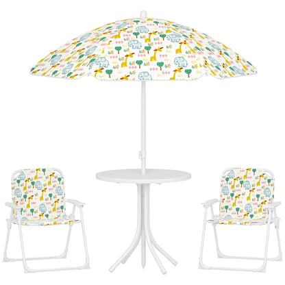 Kids Seating Group with Adjustable Umbrella Kids Table with 2 Folding Chairs Outdoor Garden Furniture for Garden Beach, White