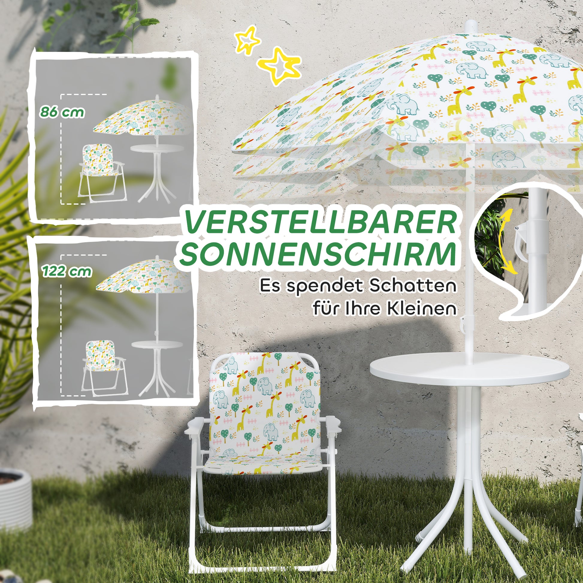 Kids Seating Group with Adjustable Umbrella Kids Table with 2 Folding Chairs Outdoor Garden Furniture for Garden Beach, White
