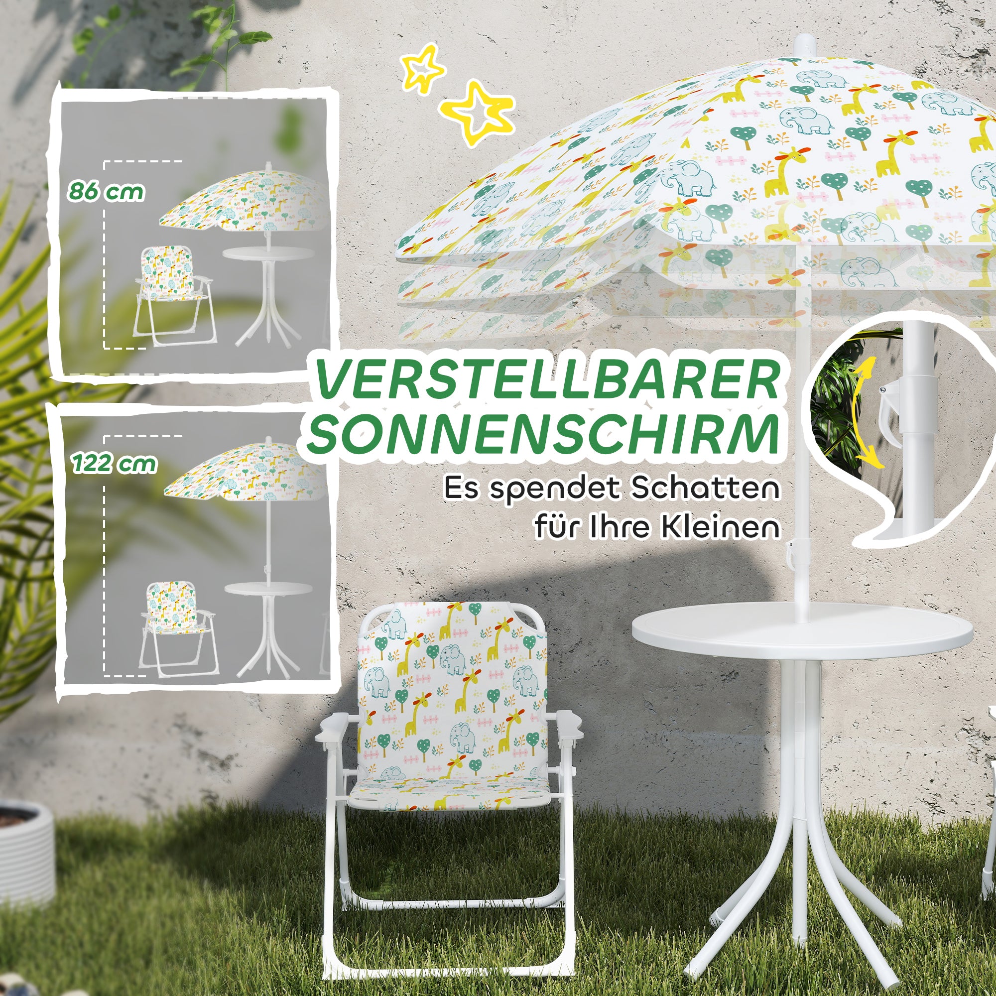 Kids Seating Group with Adjustable Umbrella Kids Table with 2 Folding Chairs Outdoor Garden Furniture for Garden Beach, White
