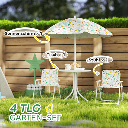 Kids Seating Group with Adjustable Umbrella Kids Table with 2 Folding Chairs Outdoor Garden Furniture for Garden Beach, White