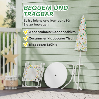 Kids Seating Group with Adjustable Umbrella Kids Table with 2 Folding Chairs Outdoor Garden Furniture for Garden Beach, White