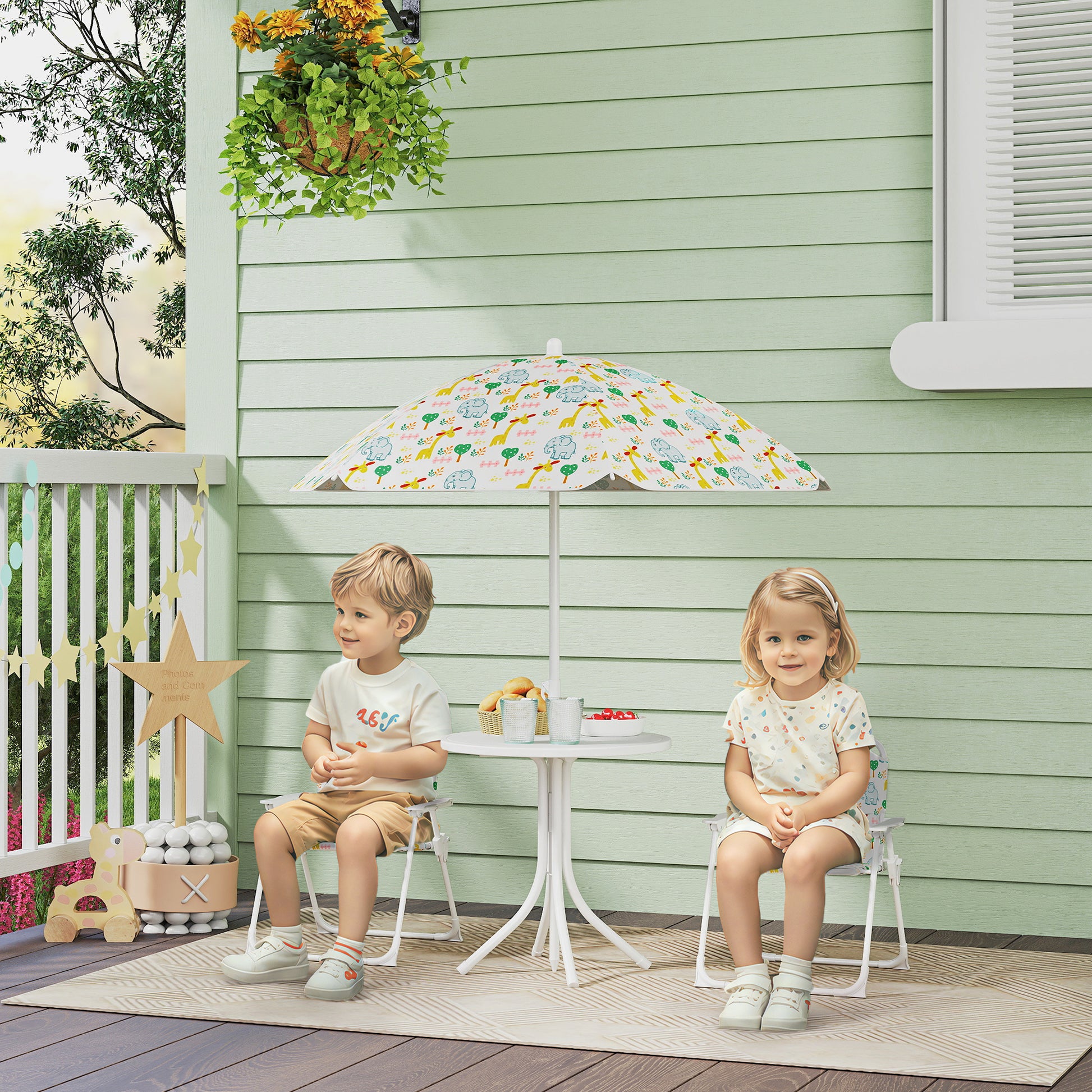 Kids Seating Group with Adjustable Umbrella Kids Table with 2 Folding Chairs Outdoor Garden Furniture for Garden Beach, White