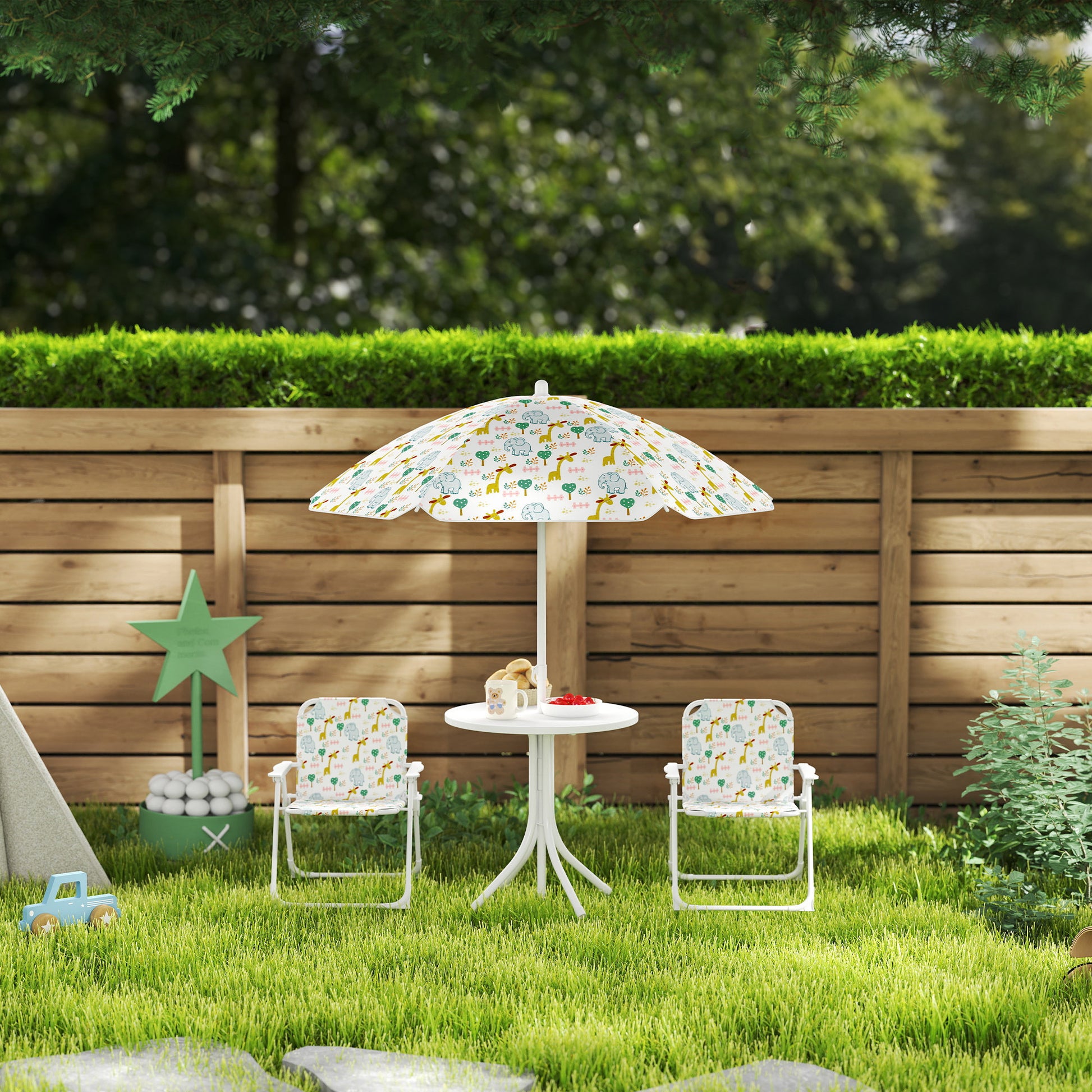 Kids Seating Group with Adjustable Umbrella Kids Table with 2 Folding Chairs Outdoor Garden Furniture for Garden Beach, White