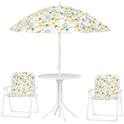 Kids Seating Group with Adjustable Umbrella Kids Table with 2 Folding Chairs Outdoor Garden Furniture for Garden Beach, White