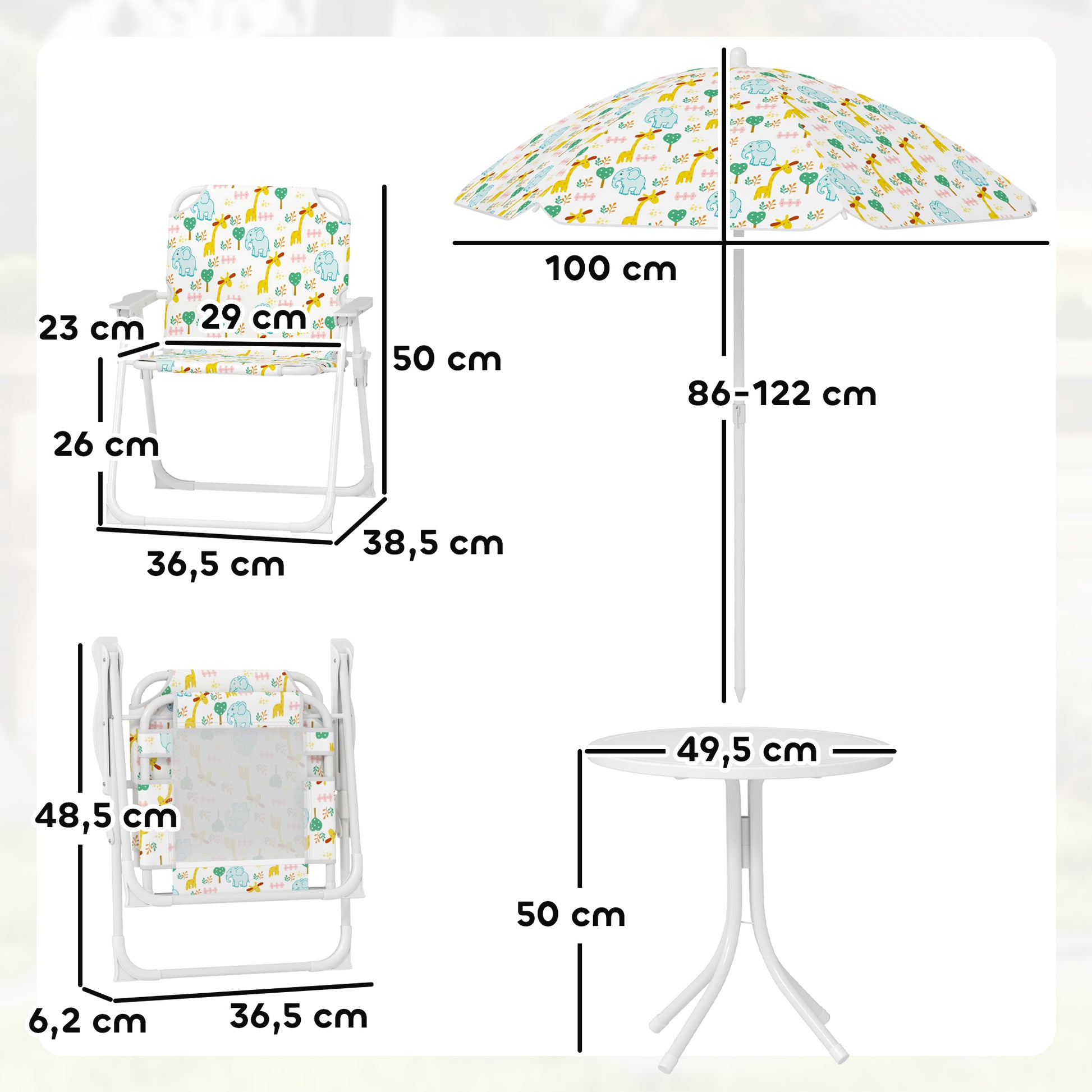 Kids Seating Group with Adjustable Umbrella Kids Table with 2 Folding Chairs Outdoor Garden Furniture for Garden Beach, White