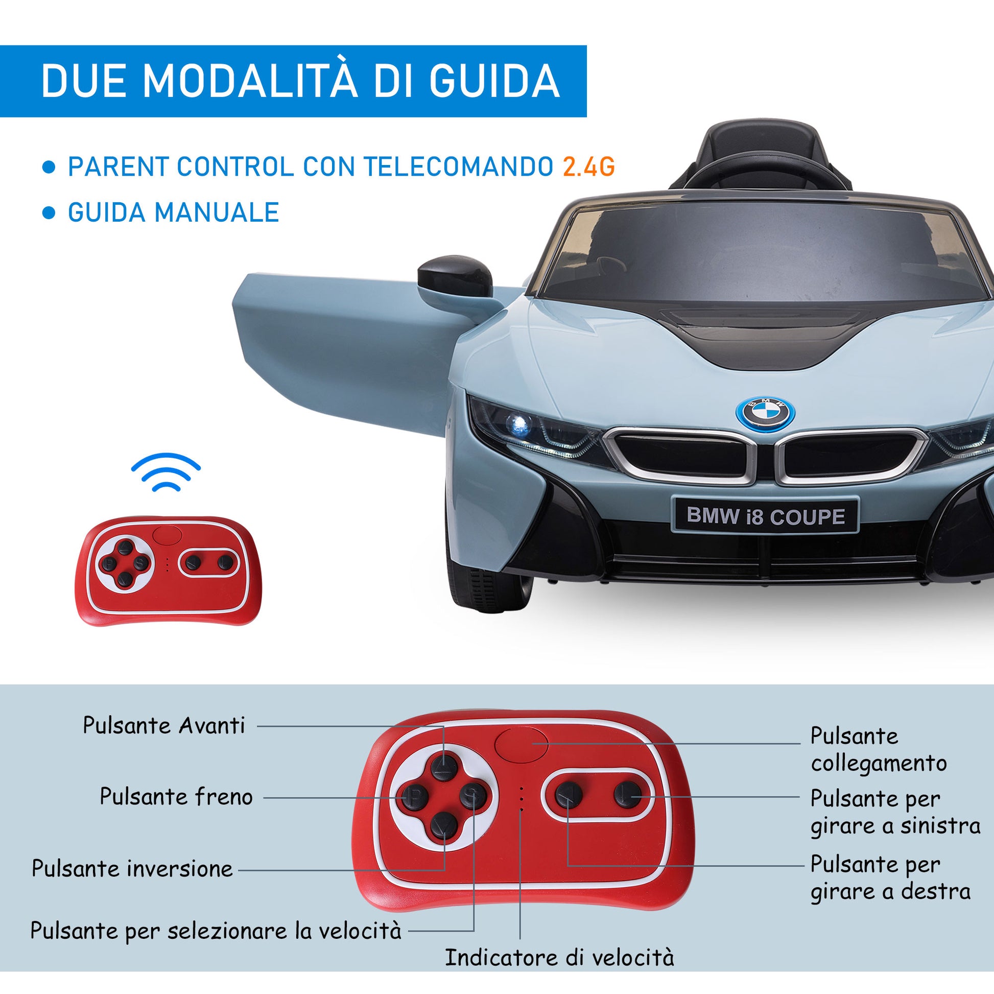 Electric Car for Kids 3-8 years 6V BMW I8 Coupe License with Remote Control, 2 Doors, Lights and Music, Electric Car in PP and Metal, 115x72.5x46 cm, Blue