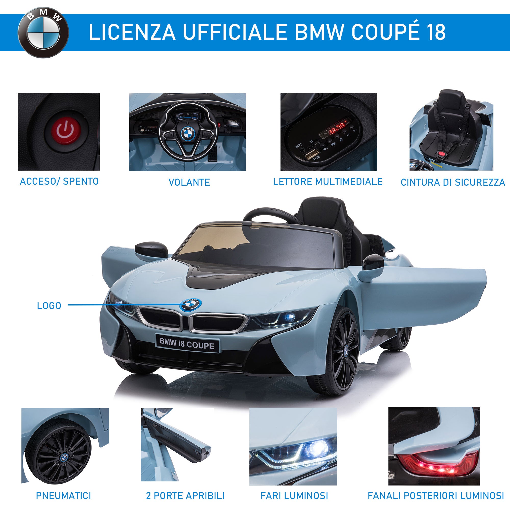 Electric Car for Kids 3-8 years 6V BMW I8 Coupe License with Remote Control, 2 Doors, Lights and Music, Electric Car in PP and Metal, 115x72.5x46 cm, Blue