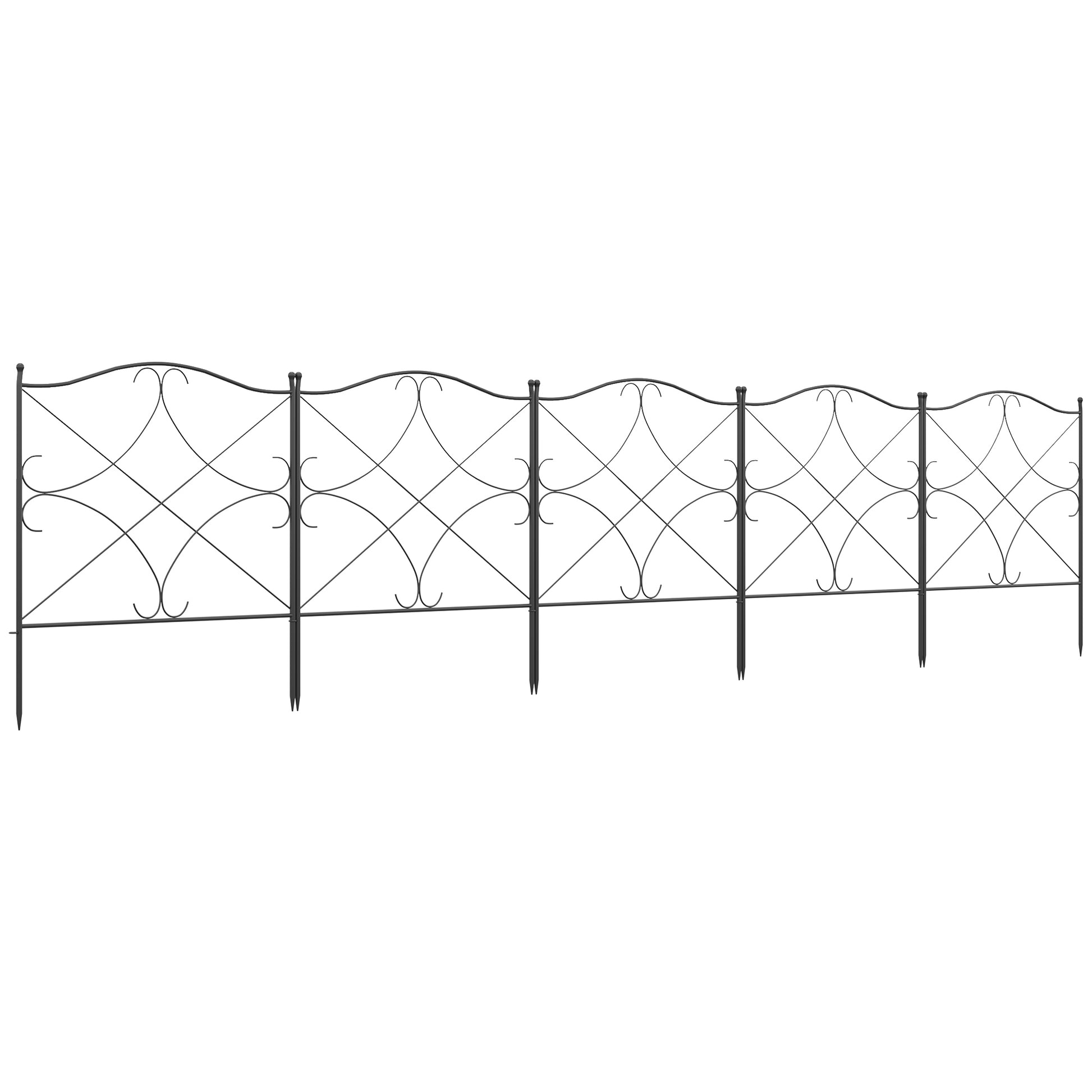Set of 5 decorative metal garden fences with ornaments - 305 x 62 cm black