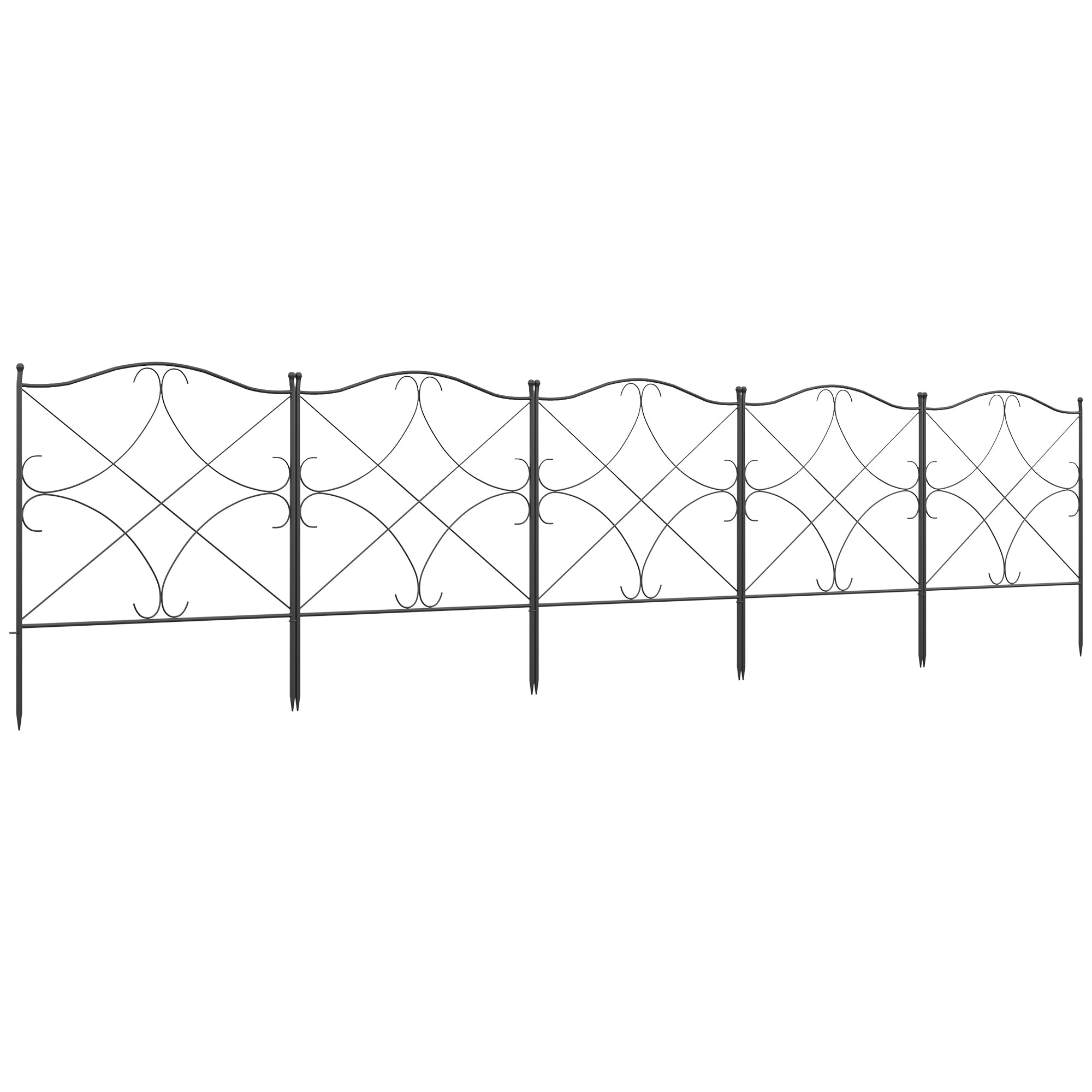 Set of 5 decorative metal garden fences with ornaments - 305 x 62 cm black
