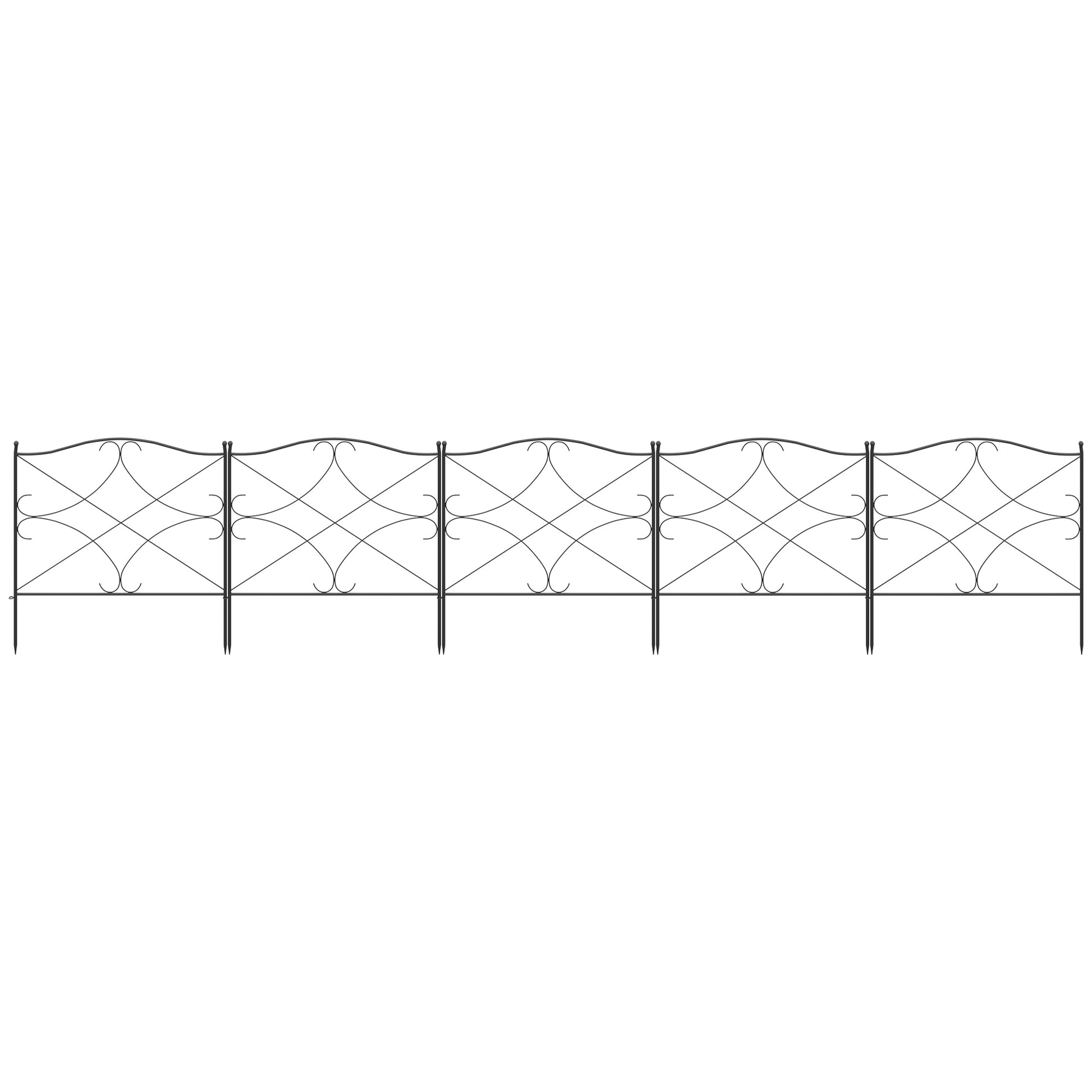 Set of 5 decorative metal garden fences with ornaments - 305 x 62 cm black