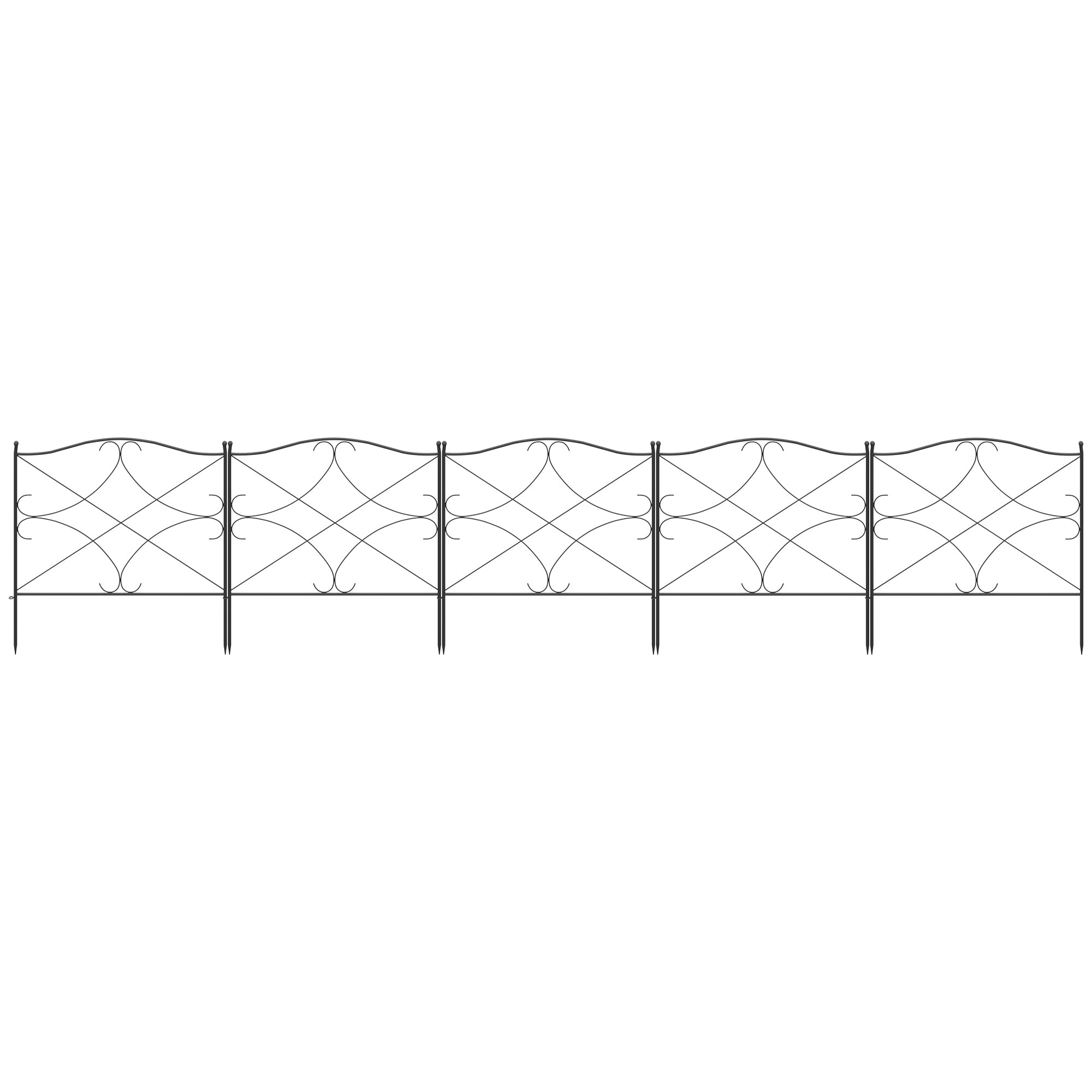 Set of 5 decorative metal garden fences with ornaments - 305 x 62 cm black