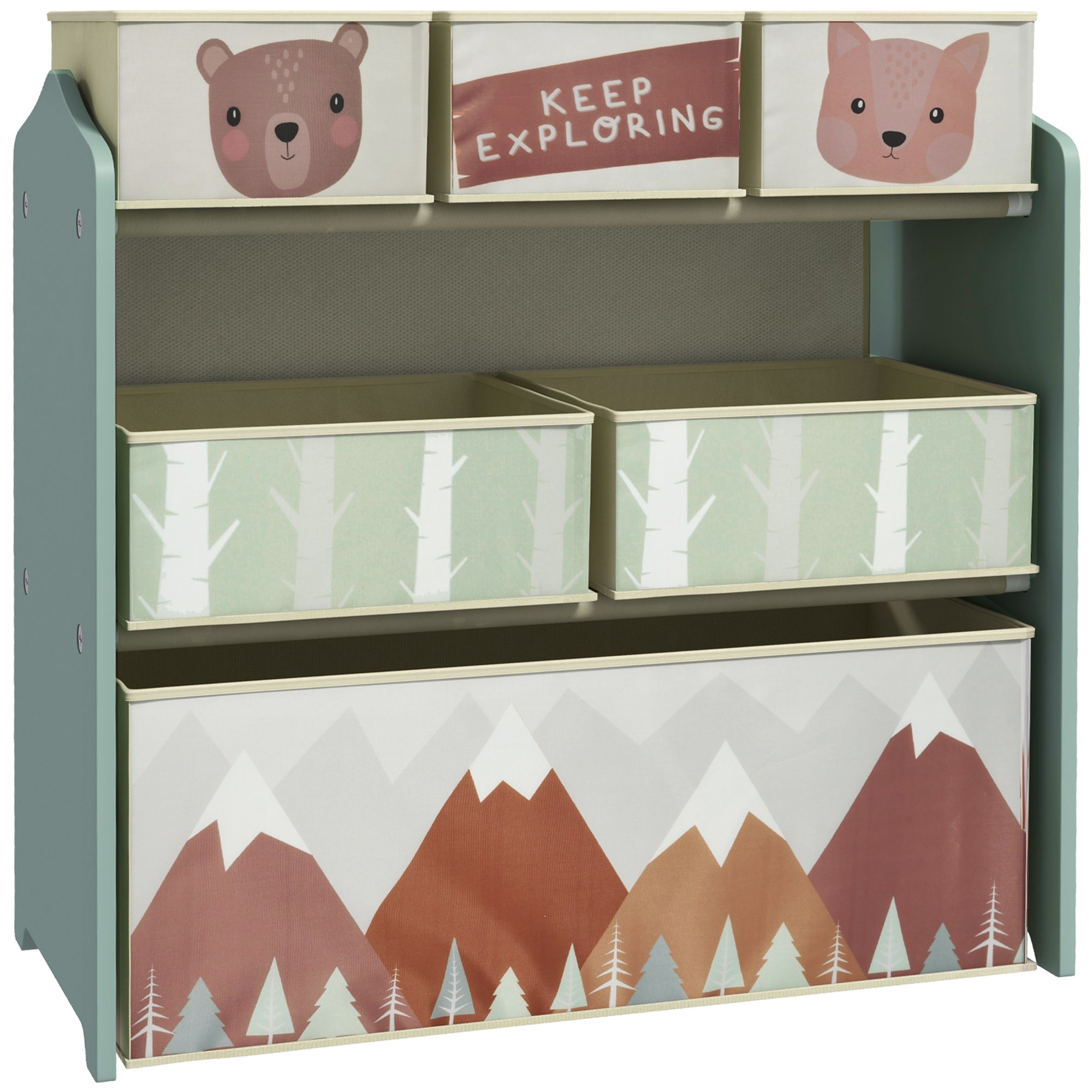 ZONEKIZ Toy Storage Shelf with 6 Non-Woven Fabric Removable Boxes Toy Organizer for Kids 3-8 Years Old for Bedroom Nursery 25x11.8x26 in Green