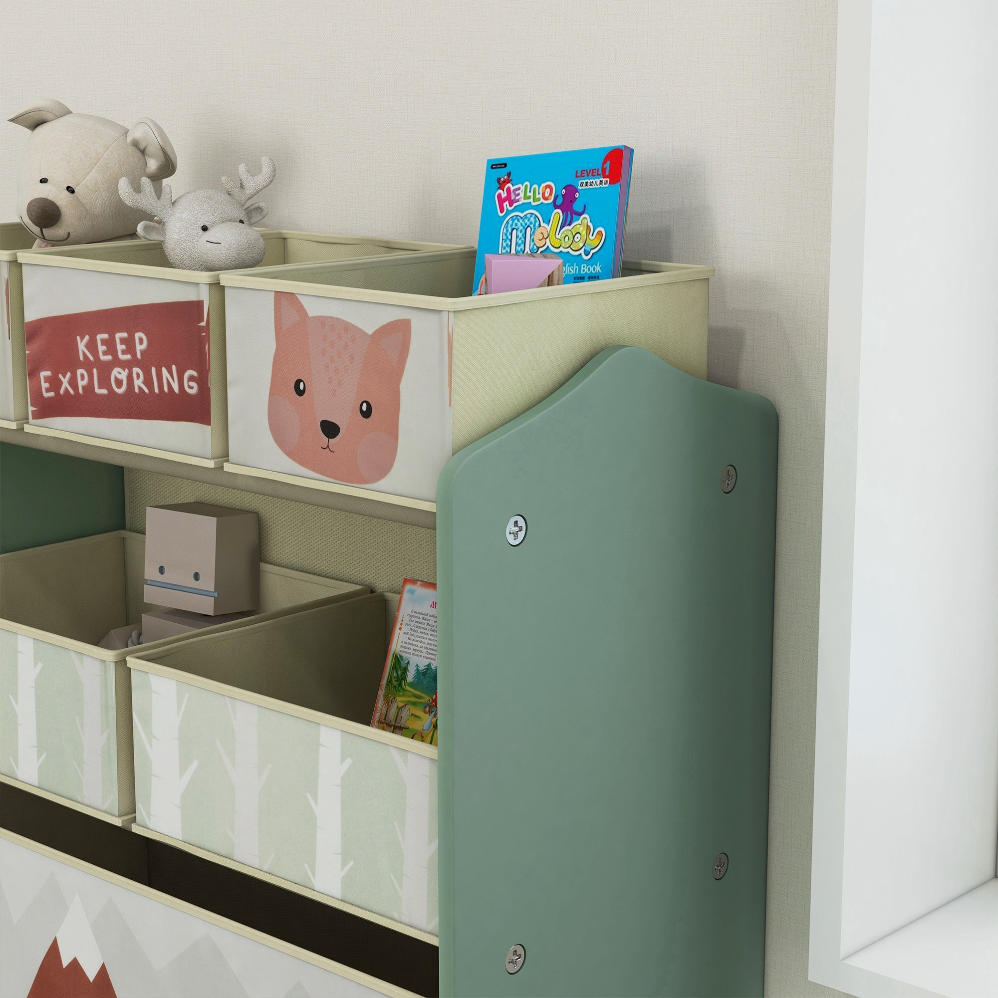 ZONEKIZ Toy Storage Shelf with 6 Non-Woven Fabric Removable Boxes Toy Organizer for Kids 3-8 Years Old for Bedroom Nursery 25x11.8x26 in Green