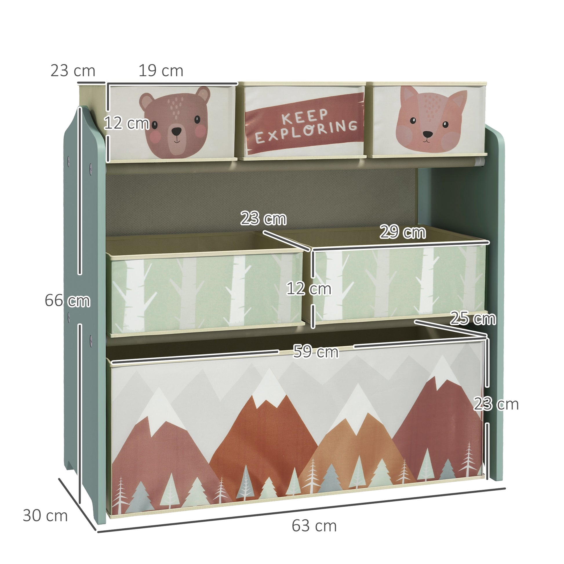 ZONEKIZ Toy Storage Shelf with 6 Non-Woven Fabric Removable Boxes Toy Organizer for Kids 3-8 Years Old for Bedroom Nursery 25x11.8x26 in Green