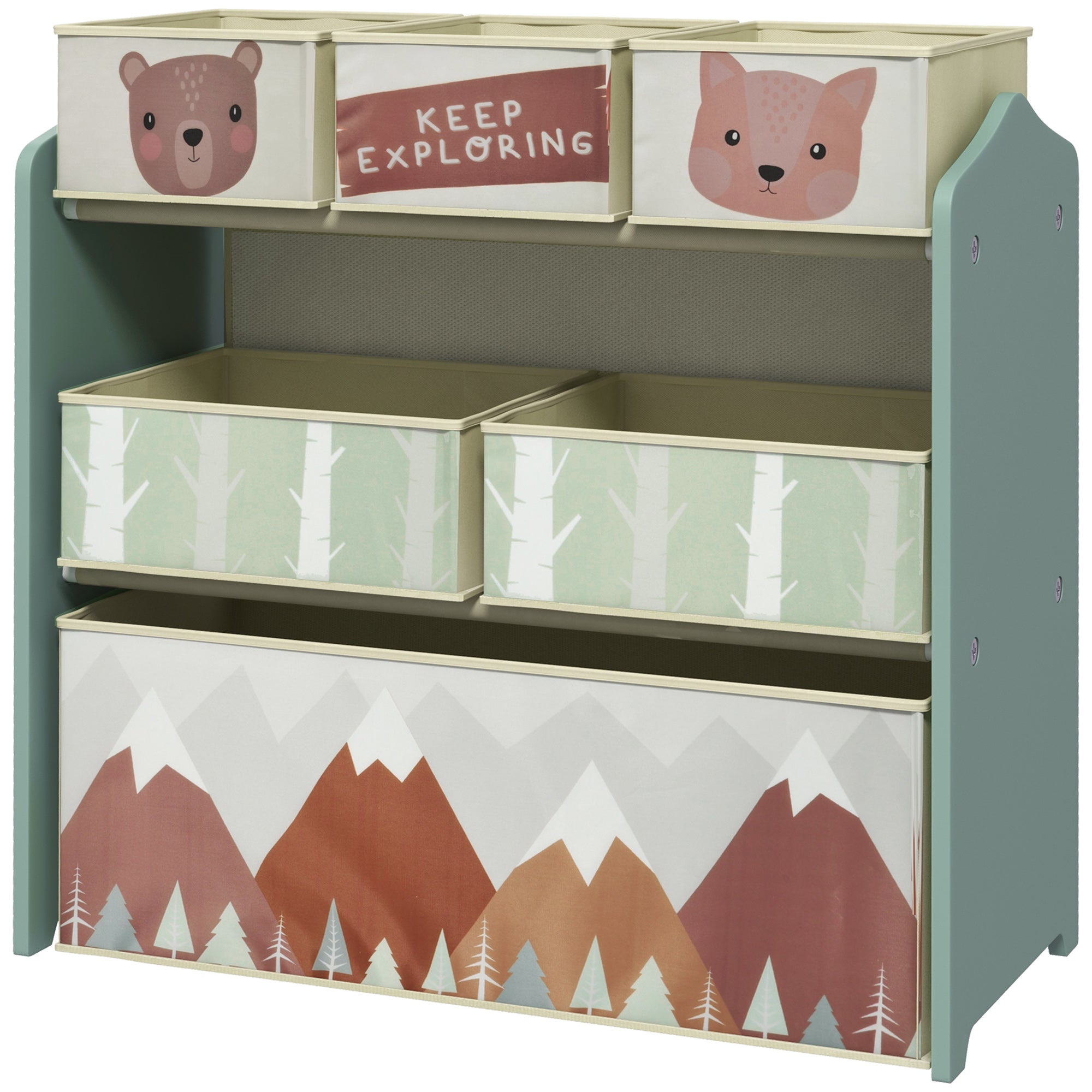 ZONEKIZ Toy Storage Shelf with 6 Non-Woven Fabric Removable Boxes Toy Organizer for Kids 3-8 Years Old for Bedroom Nursery 25x11.8x26 in Green