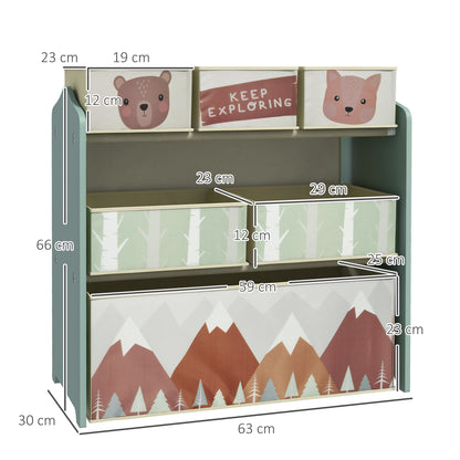 ZONEKIZ Toy Storage Shelf with 6 Non-Woven Fabric Removable Boxes Toy Organizer for Kids 3-8 Years Old for Bedroom Nursery 25x11.8x26 in Green