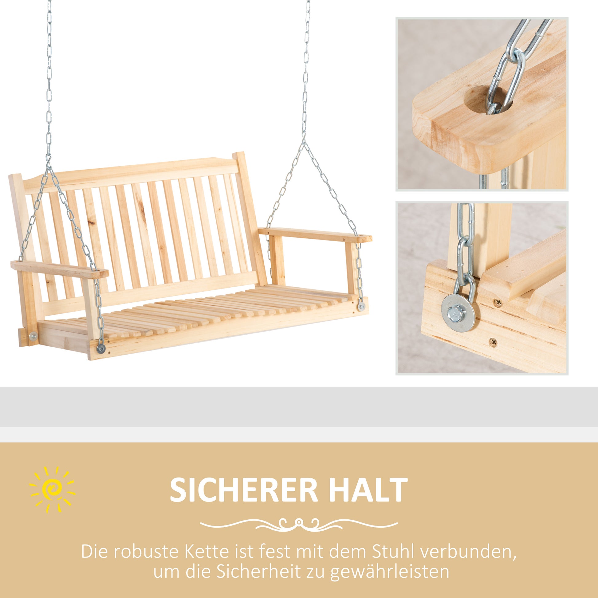 Garden Swing for 2 Persons Swing Bench Hanging Bench Solid Wood Patio Terrace Backyard Natural 117 x 69 x 60 cm