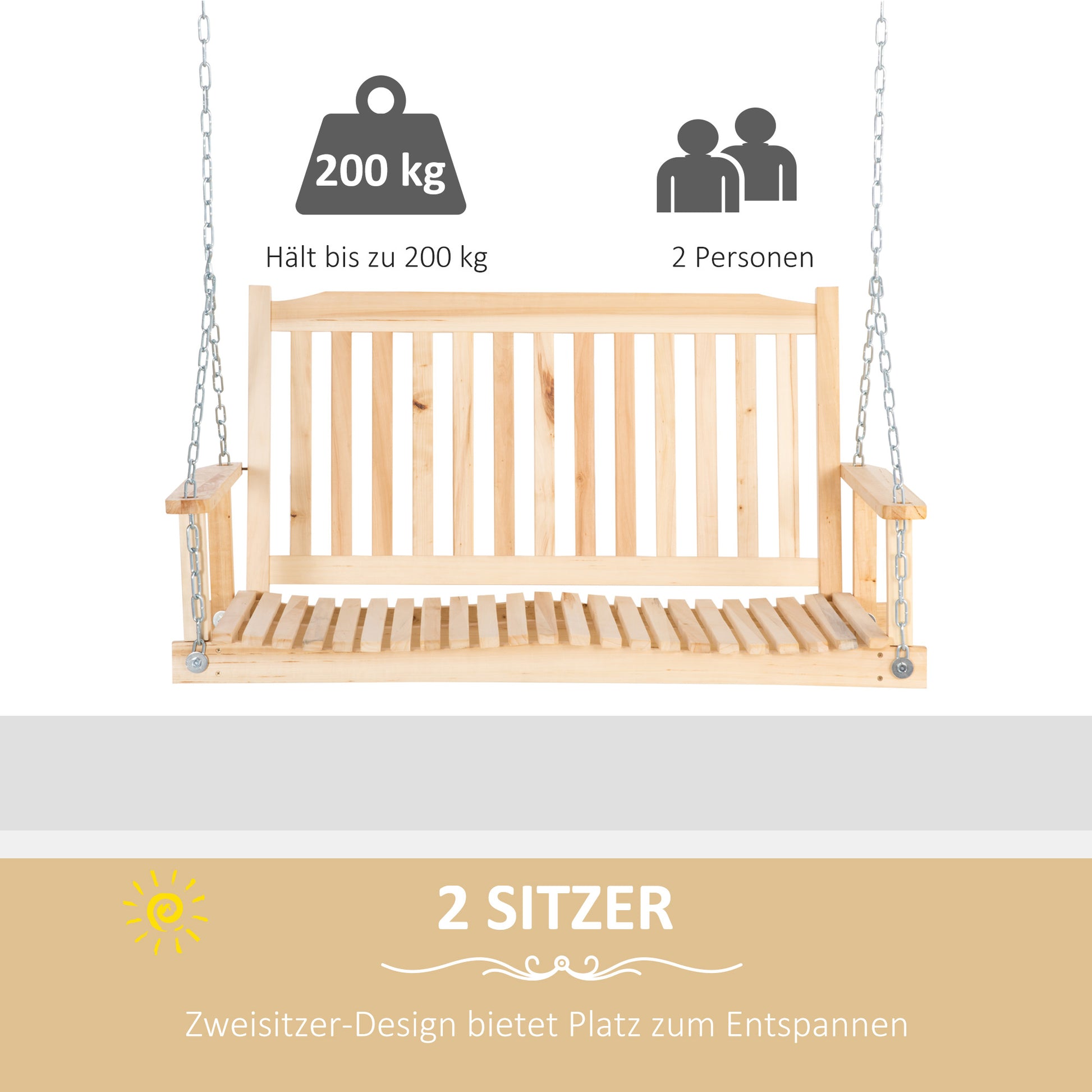Garden Swing for 2 Persons Swing Bench Hanging Bench Solid Wood Patio Terrace Backyard Natural 117 x 69 x 60 cm