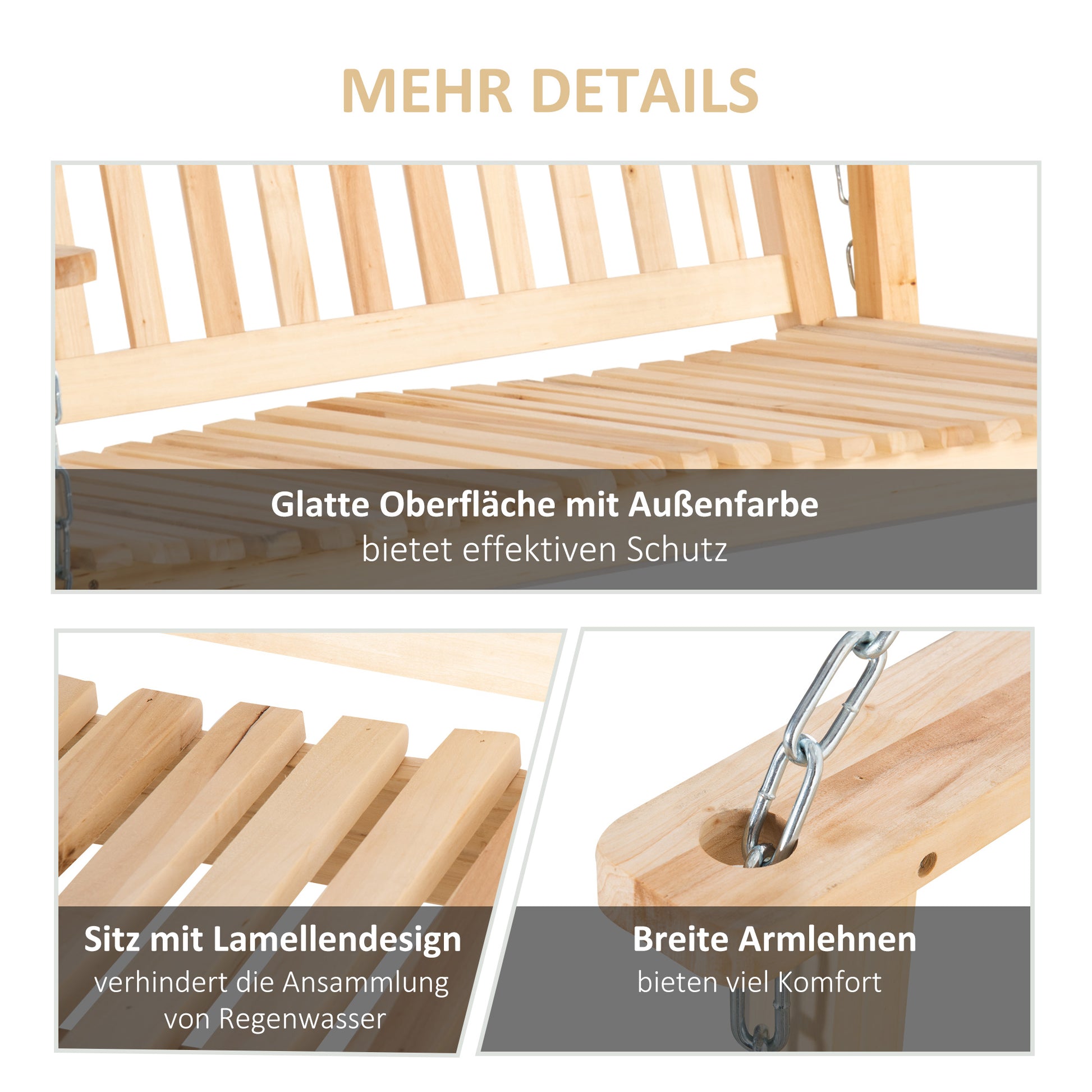 Garden Swing for 2 Persons Swing Bench Hanging Bench Solid Wood Patio Terrace Backyard Natural 117 x 69 x 60 cm