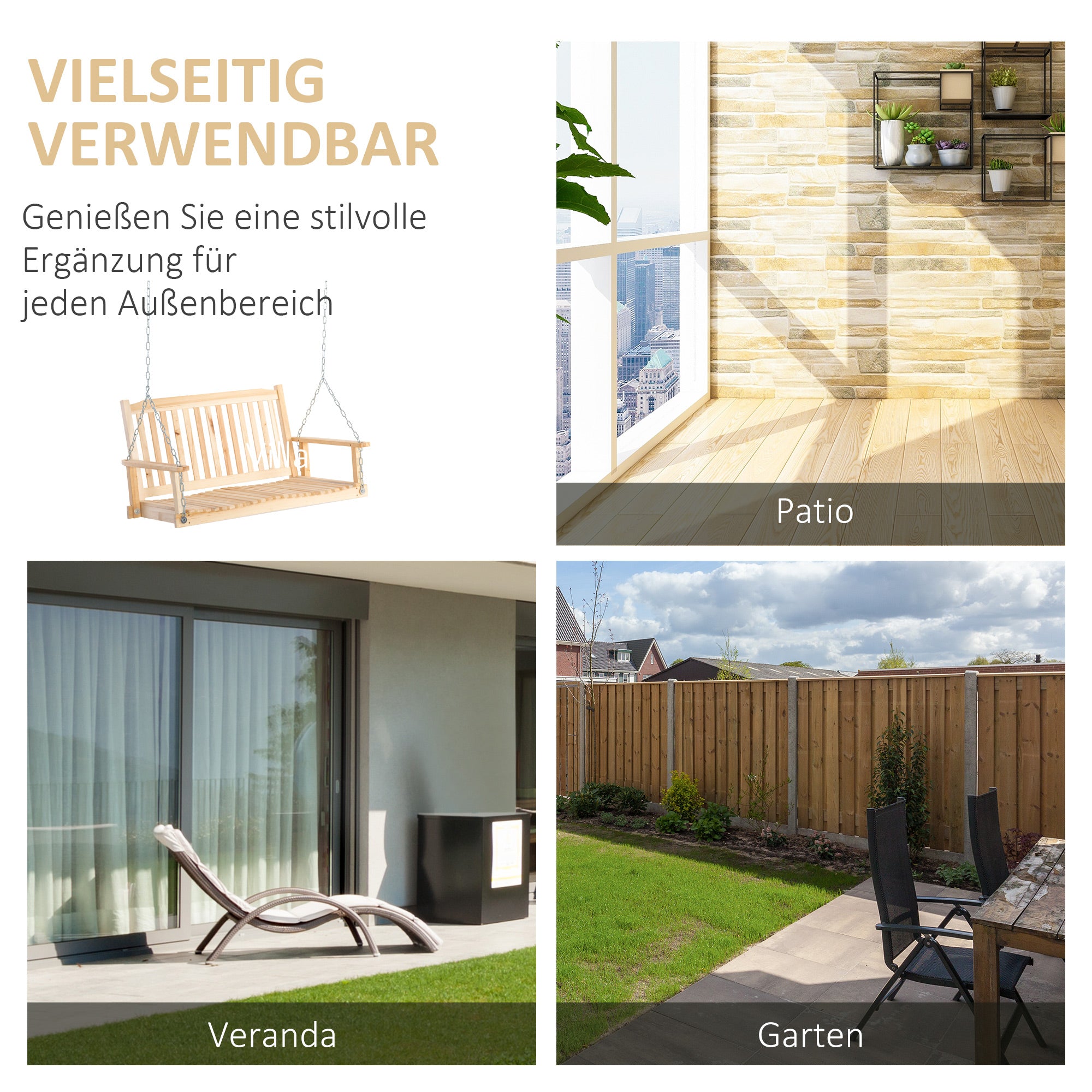Garden Swing for 2 Persons Swing Bench Hanging Bench Solid Wood Patio Terrace Backyard Natural 117 x 69 x 60 cm