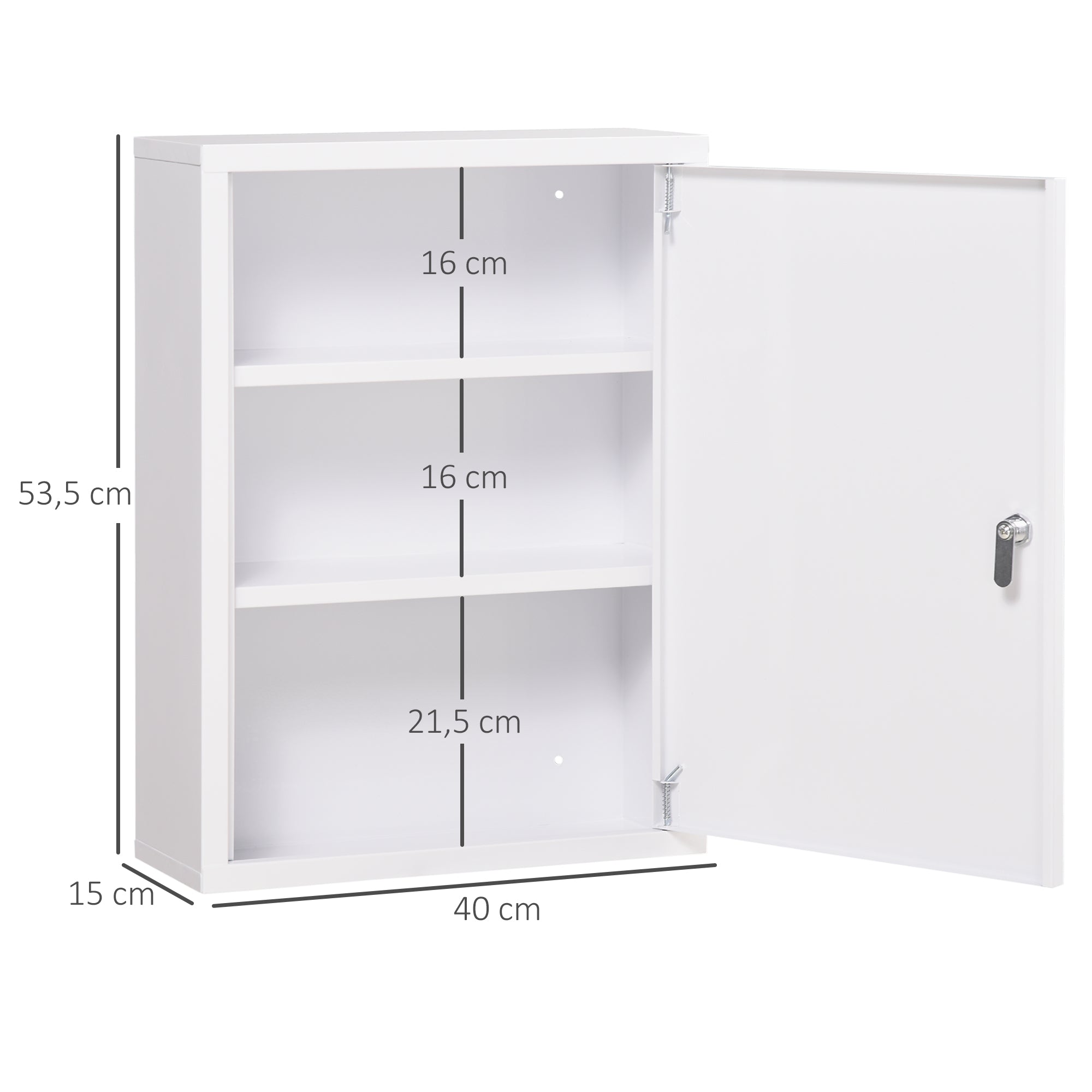 Medicine Cabinet, Pharmacy Cabinet with 3 Compartments, Medication Cabinet, Lockable First Aid Cabinet with 2 Keys, Steel, White, 40 x 15 x 53.5 cm