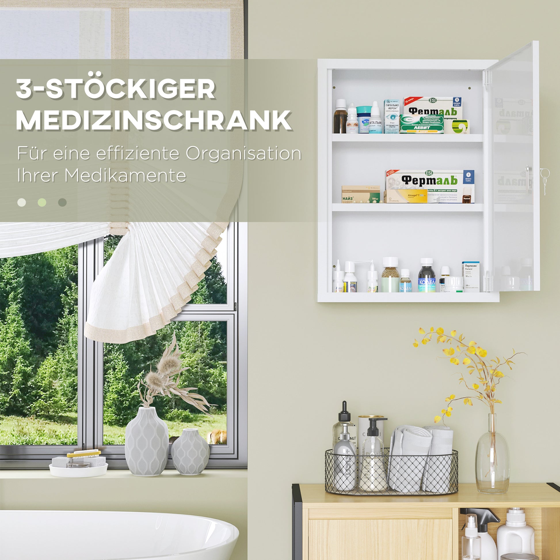 Medicine Cabinet, Pharmacy Cabinet with 3 Compartments, Medication Cabinet, Lockable First Aid Cabinet with 2 Keys, Steel, White, 40 x 15 x 53.5 cm