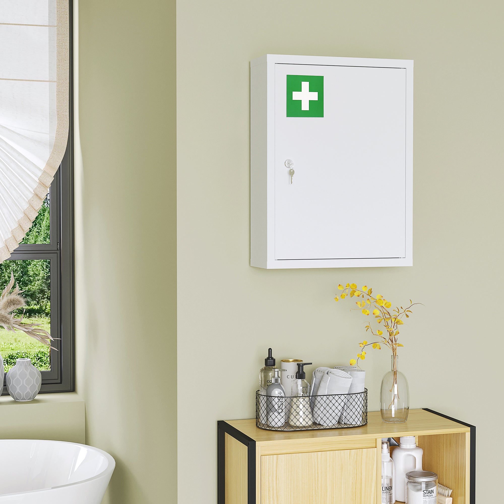 Medicine Cabinet, Pharmacy Cabinet with 3 Compartments, Medication Cabinet, Lockable First Aid Cabinet with 2 Keys, Steel, White, 40 x 15 x 53.5 cm