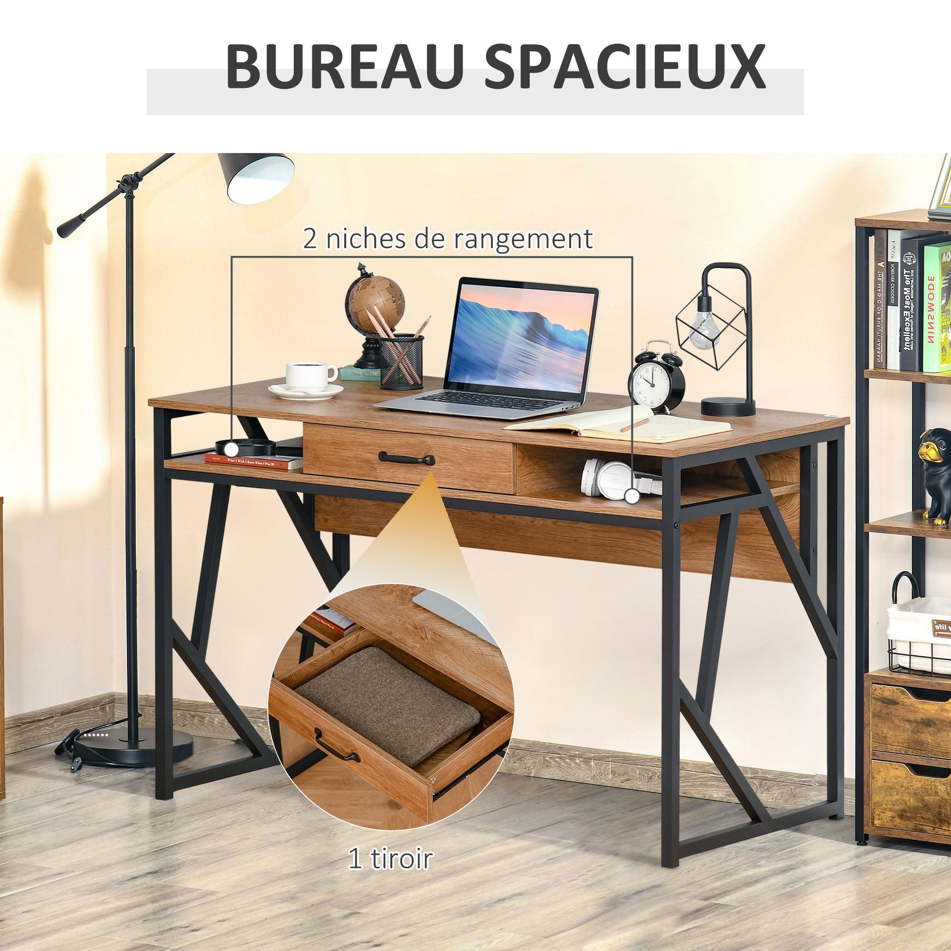 Industrial Style Desk 120L x 60W x 76H cm Drawer + 2 Shelves Black Metal Legs Walnut Wood Grain Top