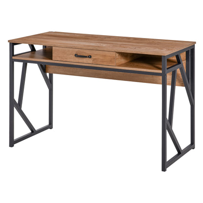 Industrial Style Desk 120L x 60W x 76H cm Drawer + 2 Shelves Black Metal Legs Walnut Wood Grain Top