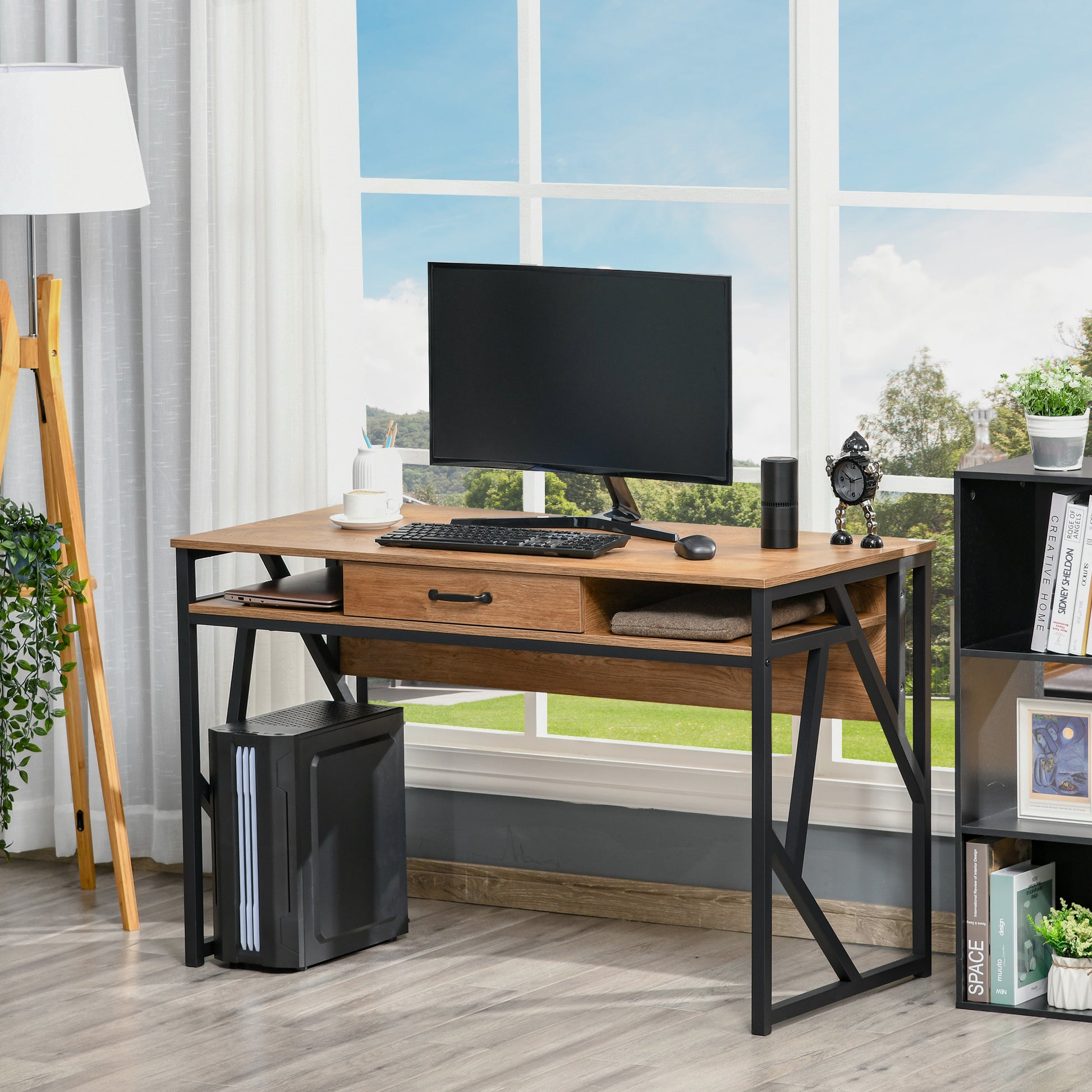 Industrial Style Desk 120L x 60W x 76H cm Drawer + 2 Shelves Black Metal Legs Walnut Wood Grain Top