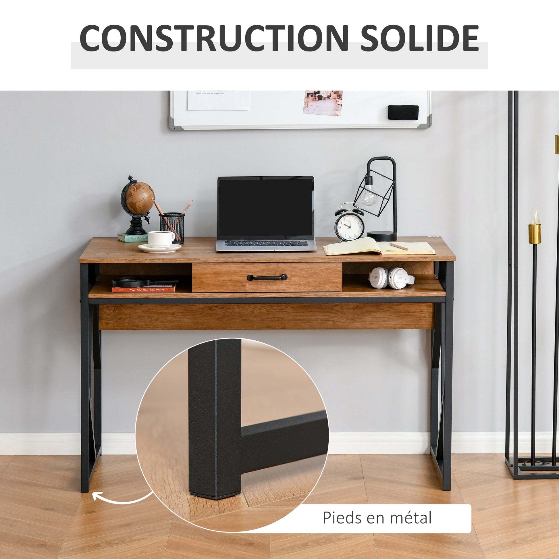 Industrial Style Desk 120L x 60W x 76H cm Drawer + 2 Shelves Black Metal Legs Walnut Wood Grain Top