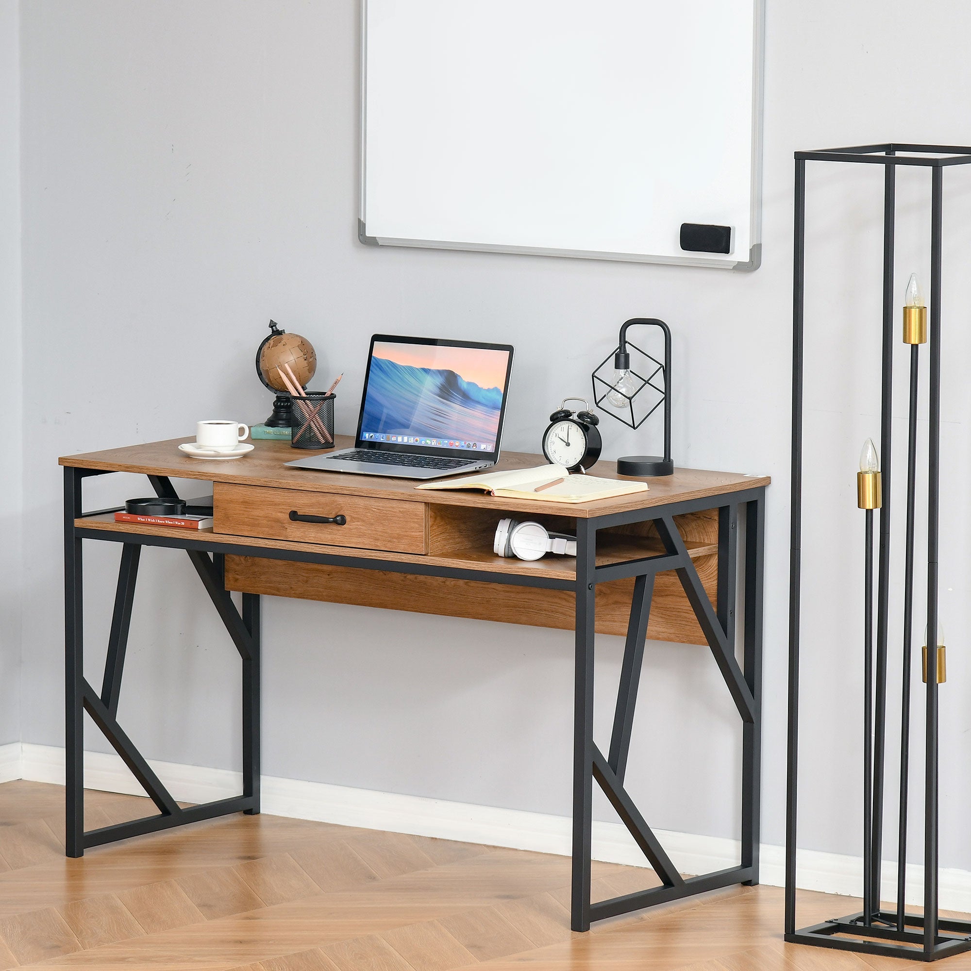 Industrial Style Desk 120L x 60W x 76H cm Drawer + 2 Shelves Black Metal Legs Walnut Wood Grain Top