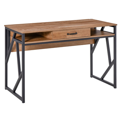 Industrial Style Desk 120L x 60W x 76H cm Drawer + 2 Shelves Black Metal Legs Walnut Wood Grain Top