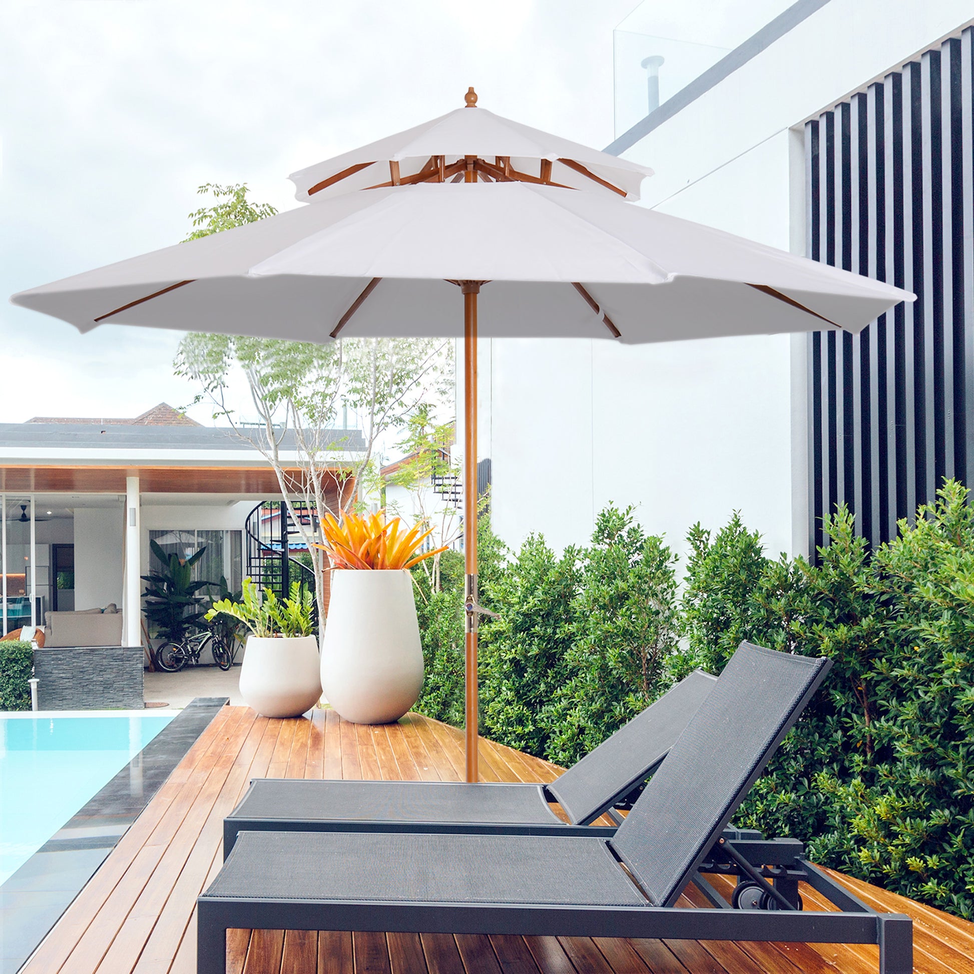 Wood Sunshade Wood Umbrella Garden Umbrella Balcony Umbrella Double Roof White