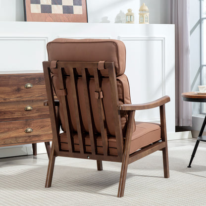 Living Room Armchair Upholstered in PU with Wooden Frame Thick Padded Cushions High Backrest Load 150 kg Reading Armchair for Living Room Bedroom Brown and Walnut Wood