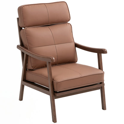 Living Room Armchair Upholstered in PU with Wooden Frame Thick Padded Cushions High Backrest Load 150 kg Reading Armchair for Living Room Bedroom Brown and Walnut Wood