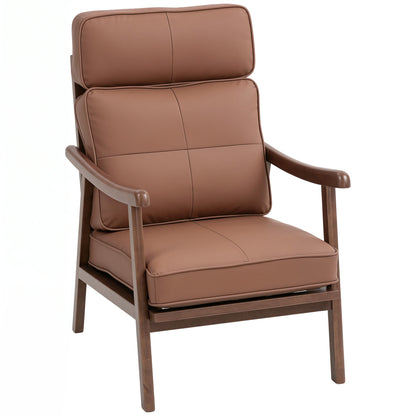 Living Room Armchair Upholstered in PU with Wooden Frame Thick Padded Cushions High Backrest Load 150 kg Reading Armchair for Living Room Bedroom Brown and Walnut Wood